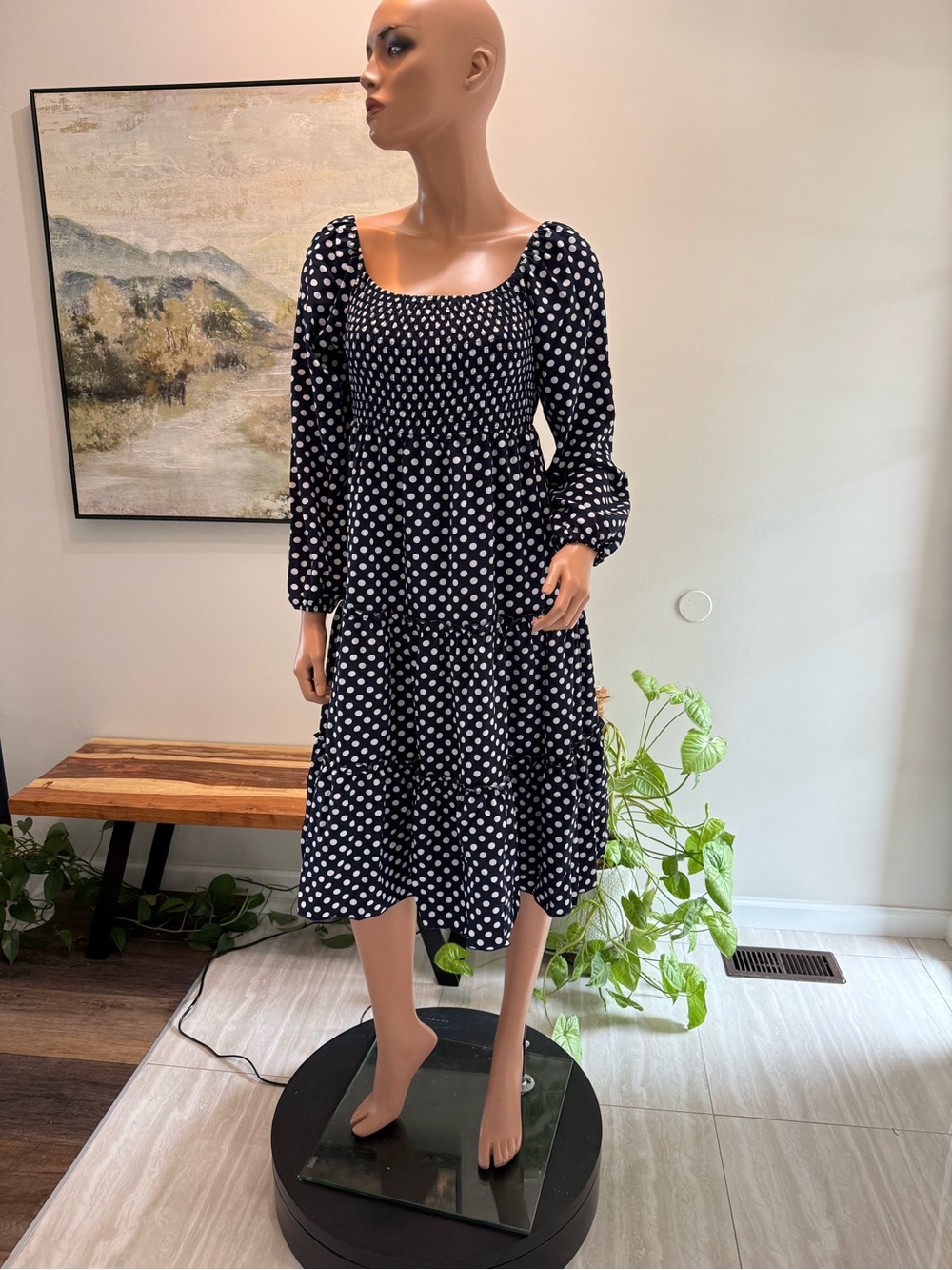 Polka Dot Smocked Midi Dress with Long Sleeves - Dk blue /White large also med